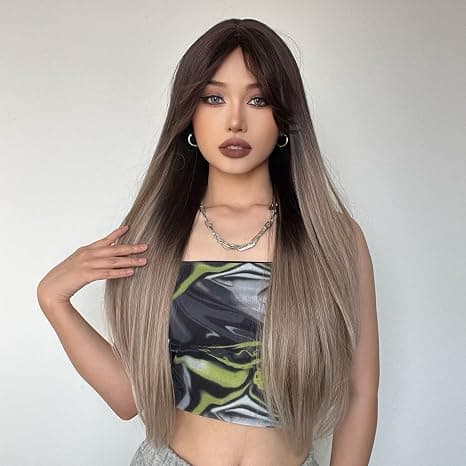 Long Straight Wig, Brown Platinum Women's Wig, Natural Long Bangs
