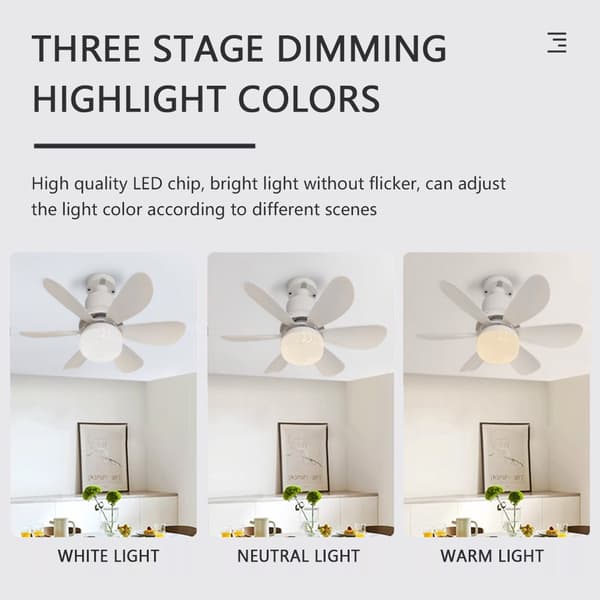 Loftventilator med LED-lys 6 blade Støjsvag luftkøleventilator med timer til camping seng sovesal hvid White