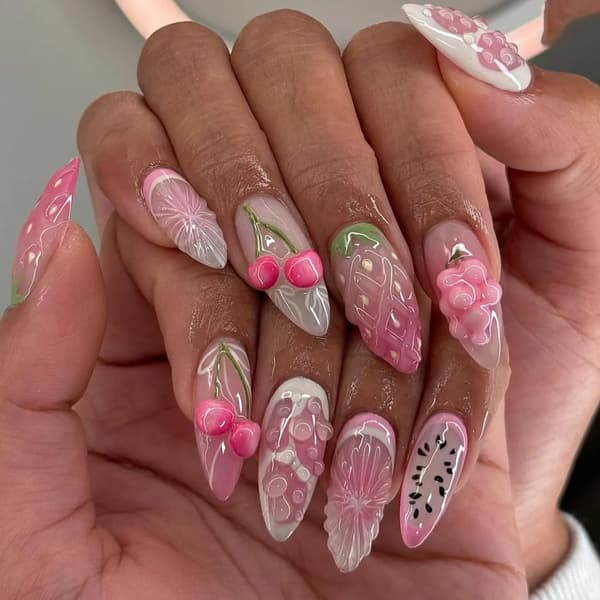 False Nails Almond Medium Glossy 3D Cherry Blossom Design Acrylic False Nails for Women Pink 24 PCS 29 29