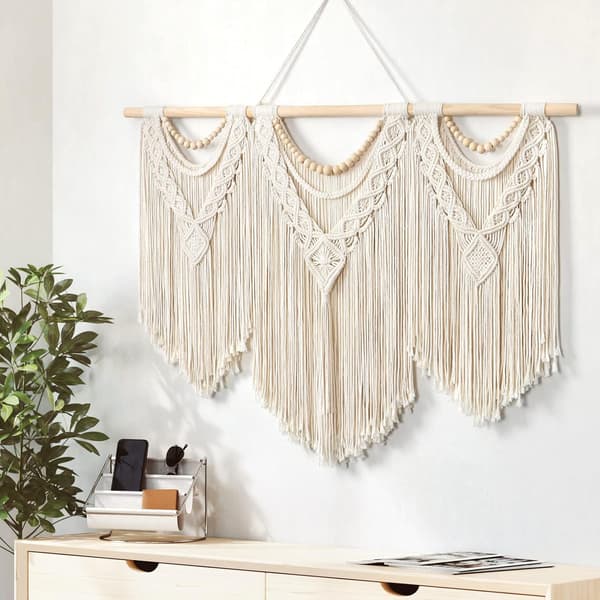Stor Boho Chic Non-woven Väggbonad Tapet Blad Konst Bomullsrep Sovrum Vardagsrum Lägenhet Bakgrund (Träpärlor)