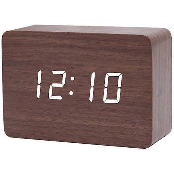 Digital LED Wooden Alarm Clock, Small Standing Clock with Date and Temperature Display