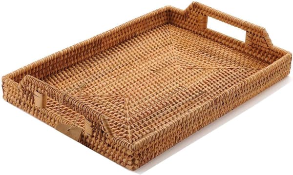 Handwoven Rattan Serving Tray with Handles for Breakfast, Drinks, Snacks for Dining Table/Coffee Table (43 cm, Rectangular)