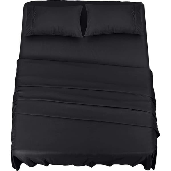 4-delt sengetøjssæt 150x200 - Børstet mikrofiberpolyester - Stræklagen, lagen og 2 pudebetræk (Sort)