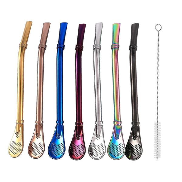 7 Pcs Reusable Steel Drinking Straw with Filter Spoon for Yerba Bombilla, Spoon Set with Cleaning