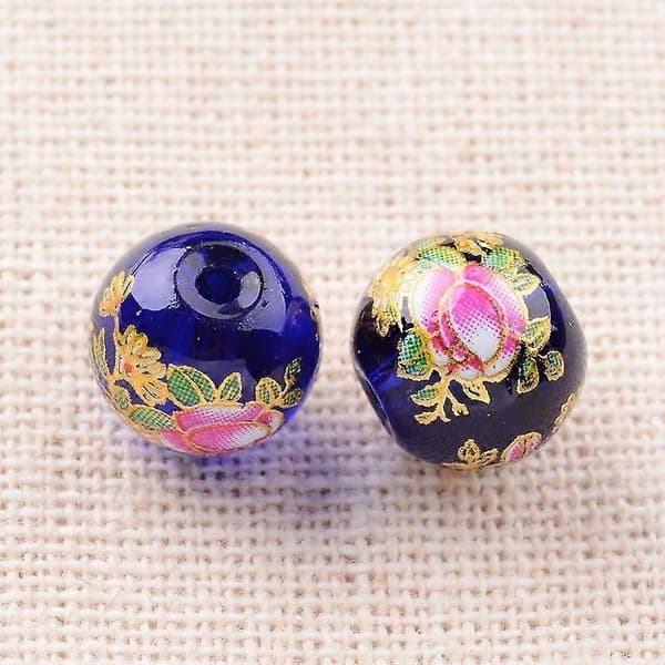 Blomsterbilde trykte runde glassperler mørkeblå 10 mm hull: 1 mm