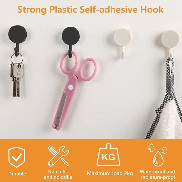 20 Pcs Black & White Self-Adhesive Plastic Hooks, Removable Wall Hooks for Bathroom, Kitchen, Office, Wardrobe, Glass Black White