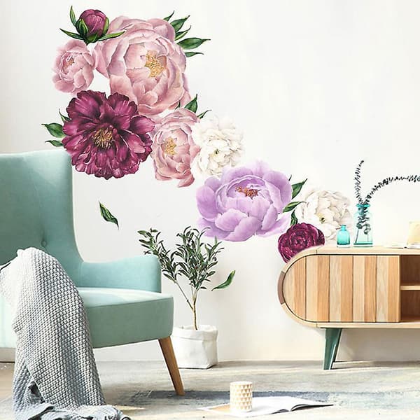 Blommig väggdekal Pionblommor Sovrumsväggdekor, Vit & Rosa Blommig, 1 set