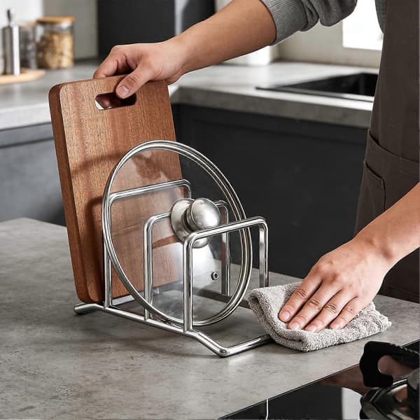 Stainless Steel Pot Lid Holder and Cutting Board Rack, Kitchen Countertop Organizer for Pot Lids, Plates, Baking Pan Storage