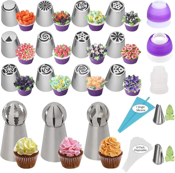 Disposable Piping Bag with 31 Nozzles Silver Baking Decorating Tool Cake Compatible with All Brands