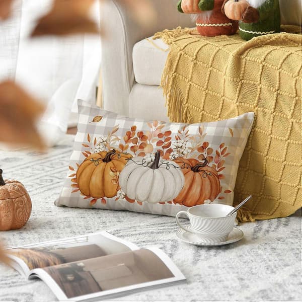 Rutig Orange Efterår Pudebetræk, 30x50 cm Sæsonbestemt Efterår Thanksgiving{AZC}