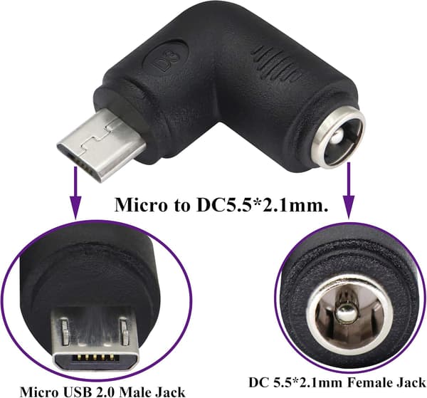 (2-pakning-Micro) 90 Grader DC 5.5x2.1mm til Micro USB 5V DC Ladekontakt for Mobiltelefon, Nettbrett