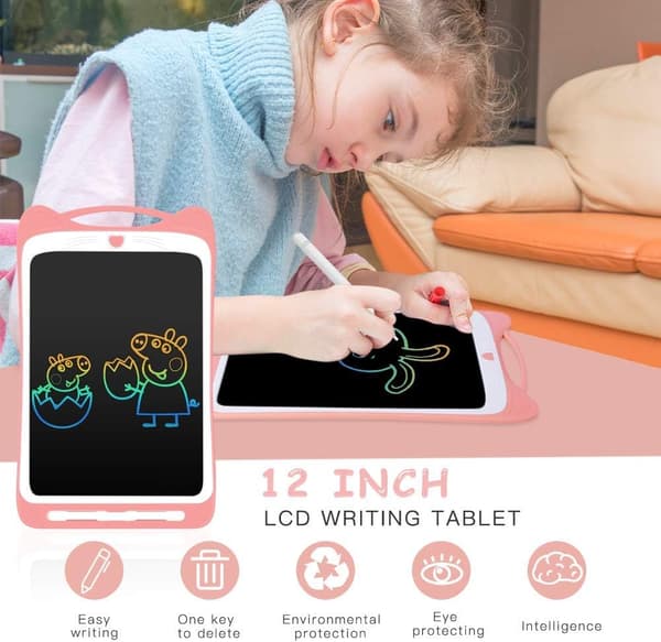 12 tommer stor farverig LCD-tablet til børn (pink), elektronisk