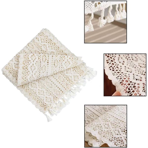 Beige Makramé Bordløper Rektangulær Heklet Blonder Elegant Hul Nettingduk for Rustikk Bohemisk Bryllupsdekor Brude- og Babyshowerdekor