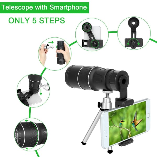 16X52 Monocular with High Magnification, High Definition, and Low Light Level