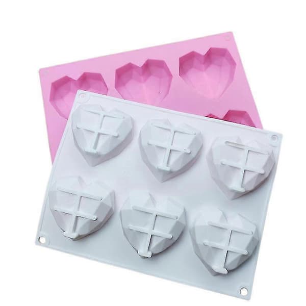 Wabjtam 6-kops silikonekageform chokoladeform 3D hjerteformet bageværktøj, 2 stk - Pink, Hvid
