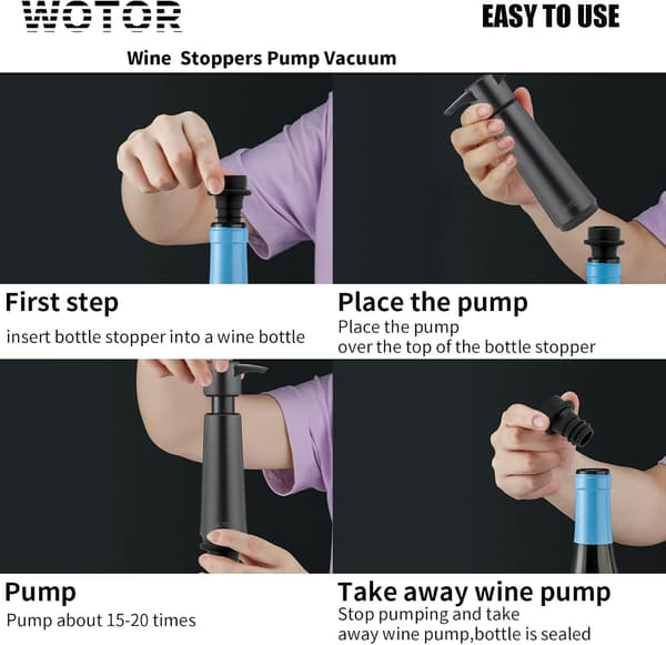 Wine Saver with 4 Vacuum Stoppers, Wine Stopper, Wine Preserver, Reusable Bottle Seal Keeps Wine Fresh (Wine Pump + 4 Stoppers)