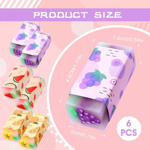 6 Pieces Fruit Erasers, Cute Soft Erasers Colorful Erasers, Kawaii