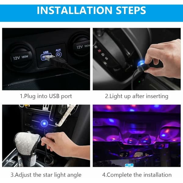 Bil Stemningslys, Auto LED USB loftlys med intelligent stemmestyring med 4 farver, Plug and Play bilindvendigt lys til Cei