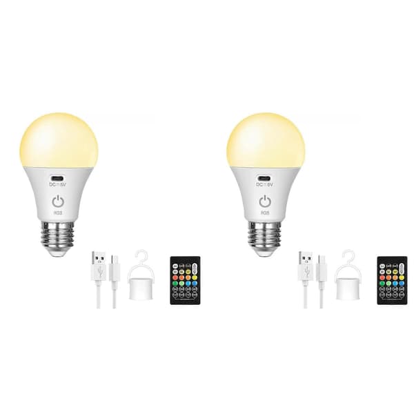 2X Smart RGB USB LED-lampe - Genopladelig, dæmpbar smart E27-pære med timer, trådløs batteridrevet pære