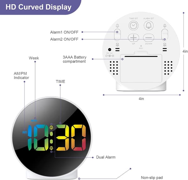 Digital Väckarklocka, Sängbordsväckarklockor med Färgglad Böjd LED-Display, Batteri/USB-driven Digital Klocka med Snooze