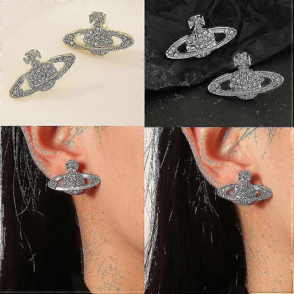 Krystal Saturn Hjerte Orb Hængende Øreringe Rhinestone Sølv Guld - På lager