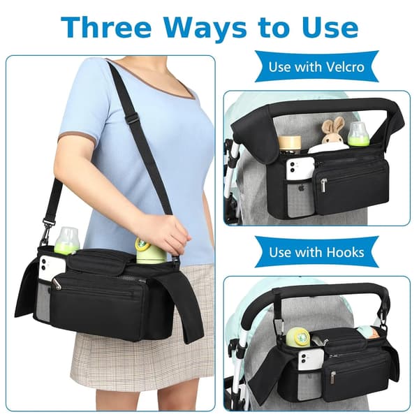 Universal Stroller Organizer with Insulated Cup Holders and Detachable Phone Pouch for Strollers Black