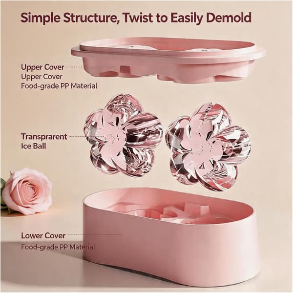 Ice Cube Tray - Cherry Blossom Ice Cube Molds with Lid, 2 Cavities Non-Stick Reusable Ice Maker Mold Quick Release Large Ice Mold
