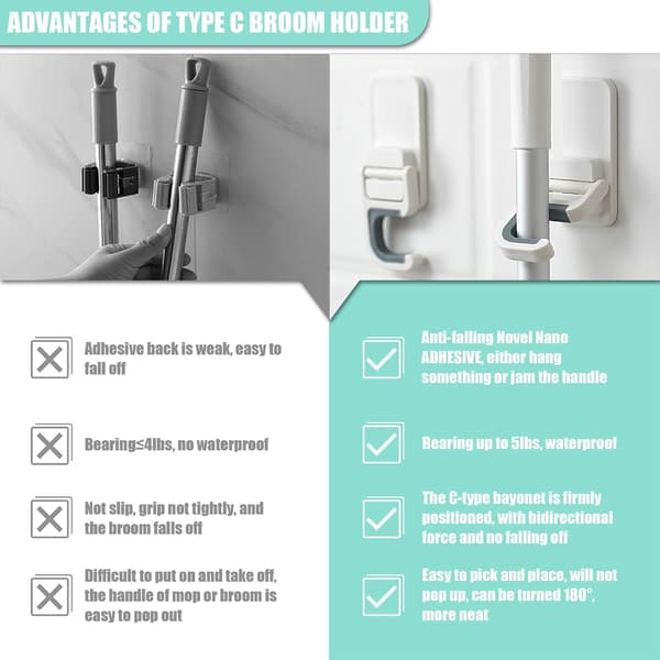 Wall-mounted Mop and Broom Holder - 4 pcs, C-shaped Self-adhesive Anti