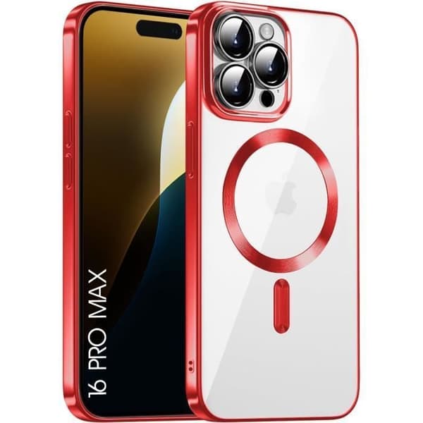 Etui til iPhone 16 Pro Max - Gennemsigtig beskyttelse Rød kromkant med magnetisk ring