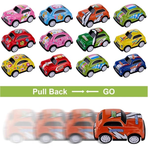12 stk. \"Pull Back\"-biler sett Mini Push and Go-bil leketøy Mini lekebiler for barn gutter jenter bursdagsfest gaveposer
