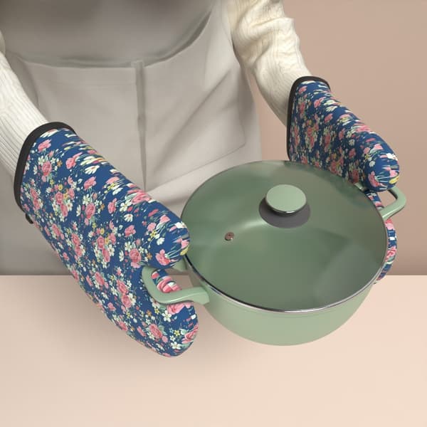Heat-resistant oven mitts with hanging loop, 2-pack - Non-slip grip with floral pattern 2 pcs