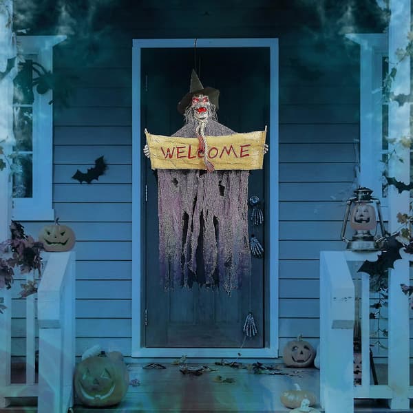 Hanging Witch Ghost With Light-Up Eyes And Spooky Sound Effect, Hanging Skeleton Ghost For Halloween Decorations