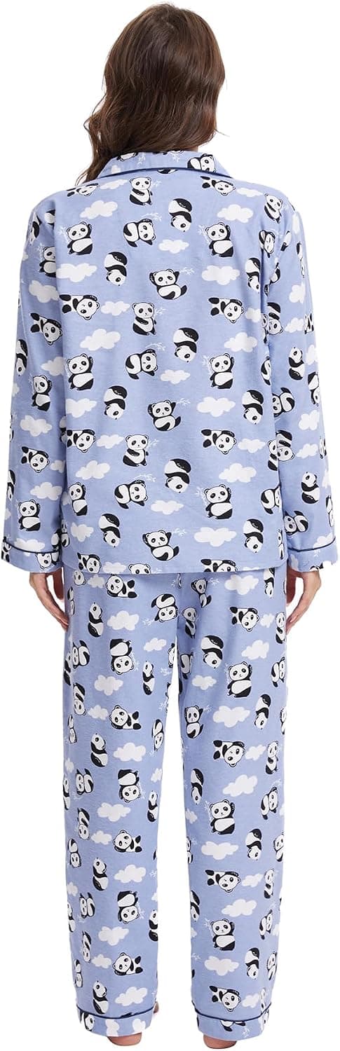 Damflanellpyjamas set borstad bomull knappar toppar byxor S-XL sovkläder mysiga varma vinter blå panda stor Blue Panda Large