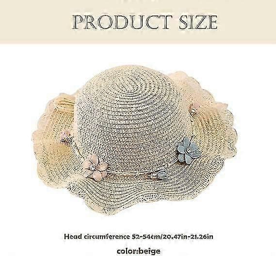 Sommerhatte til piger, piger Solhatte Sommer Strandhat Blomst Stråhat Solbeskyttelseshat til Børn Ferie Udendørs Beige
