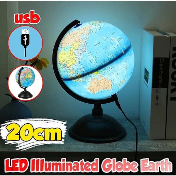 Roterende Verdenskugle LED-lampe Belyst globus med USB Studier Leg Læring (FMY)