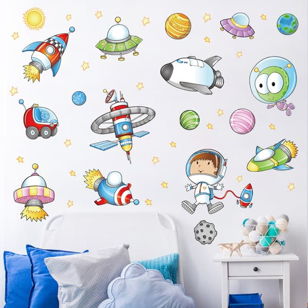 2 kreativa rymd-tecknade astronaut väggdekaler för barn