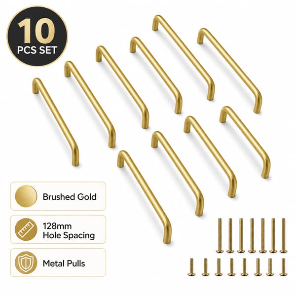 10-pack borstade guldhandtag, 128 mm hålavstånd för köksskåp