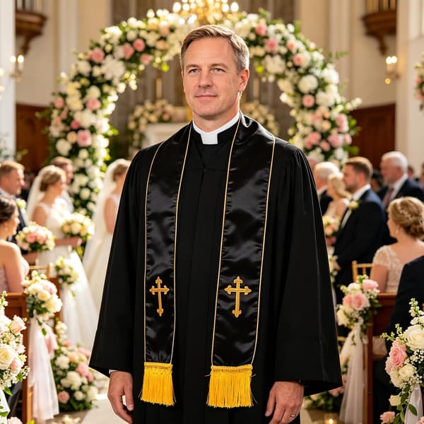 Præstestola i polyester med kors og kvaster, elegant broderet i sort og rød til kirkelige ceremonier og bryllupper -