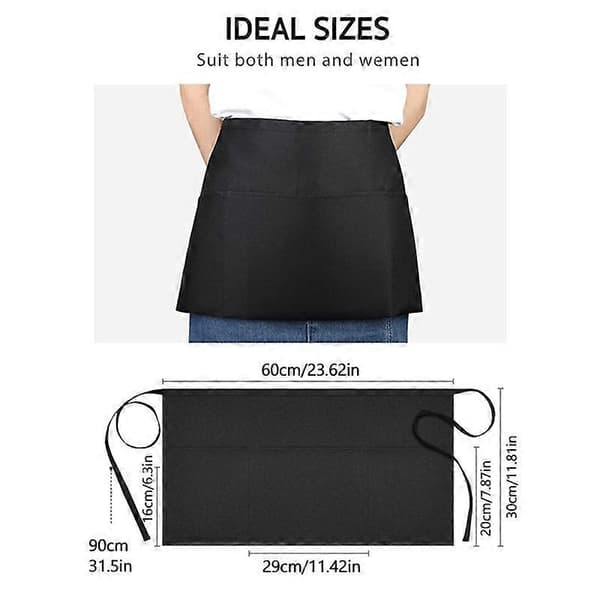 12-pack - Black Waiter Aprons, Waitress Half Apron with Belt Pocket