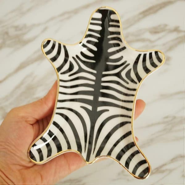 Ceramic Jewelry Dish with Zebra Pattern, Gilded, 15 cm, Black