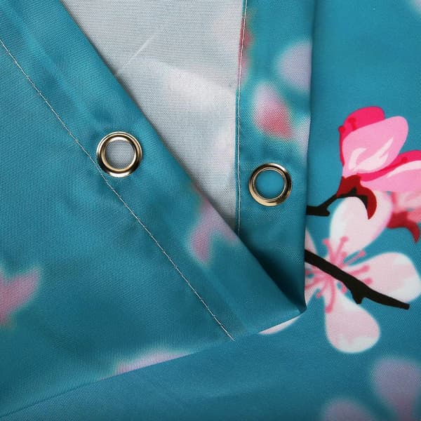 Cherry Blossom Duschdraperi, Blommigt Teal Tyg Sakura Plommonblomma Badrumsgardiner med 12 Krokar Ba
