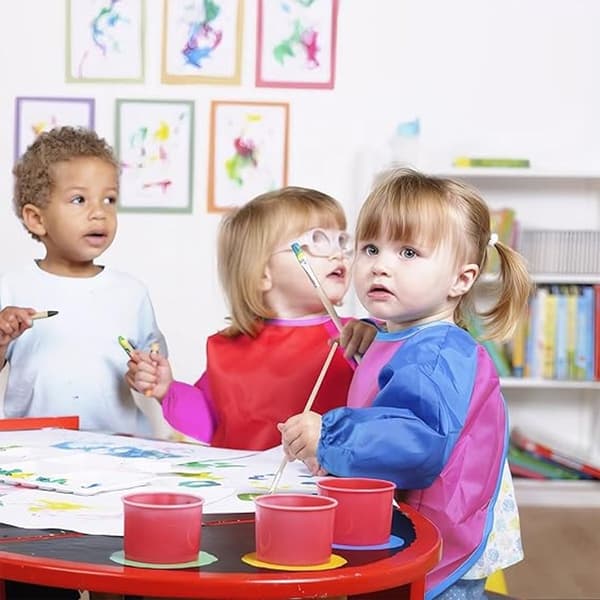Firedelt forklædesæt til børn, malerforklæde, kunstforklæde, håndværksforklæde, langærmet med lommer, vandtæt til 3-8 år, 60 cm
