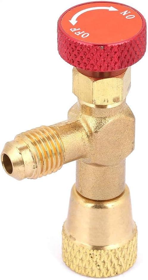 Messing flowreguleringsventil til R410A påfyldningsslange, 1/4'' - 5/16''