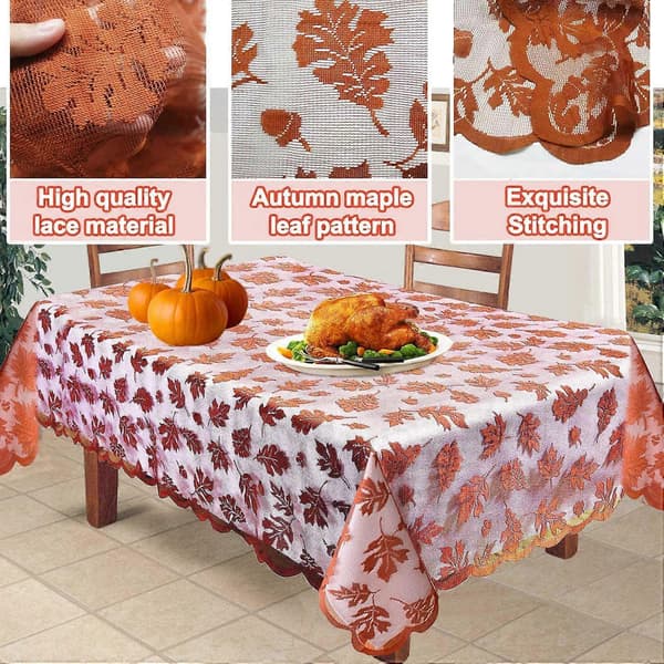 Maple Leaf Tablecloth, Brown Rectangle, Lace Tablecloth, Thanksgiving Decoration, Autumn Table Linen Pe