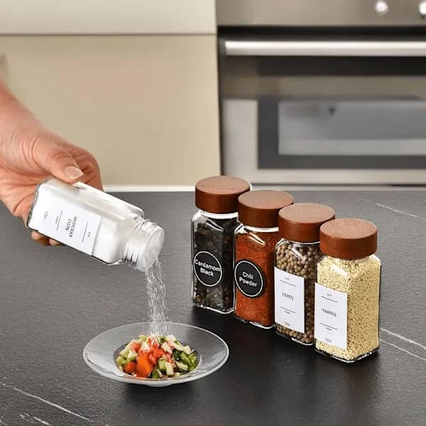 12 Pcs Square Glass Spice Jars, Transparent Storage Containers, Kitchen Spice Organizer