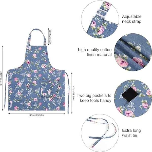 2-pak justerbare blomstrete forklær for kvinner med store lommer for matlaging og baking