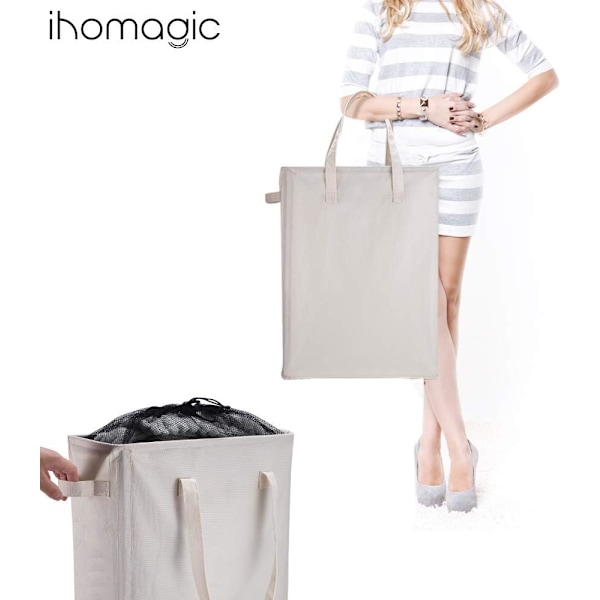 45L Laundry Baskets with Handles (Beige), Foldable Slim Laundry Hamper Rectangular Oxford Fabric Laundry Bag Laundry Baskets Bathroom Storage Bag 39x19x60CM