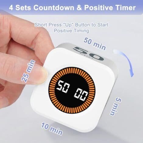 Kubisk visuell timer, roterende Pomodoro-timer, 5/10/25/50 minutter og tilpassbar nedtellingstimer, stille og summermodus, USB-C