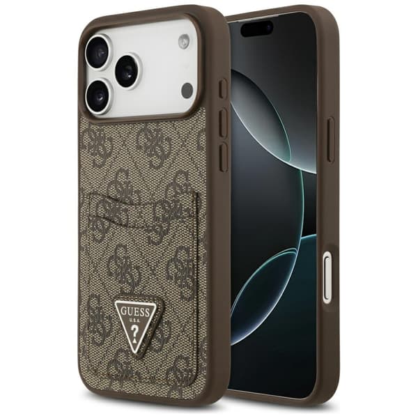 Guess 4G Double Card Triangle-kotelo iPhone 17 Pro Max -puhelimelle, ruskea