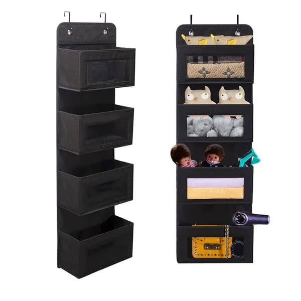 Hanging Shelf Hanging Organizer, Hanging Shelf on the Door, Soft Fabric Hanging Organizer 4 Large Pockets, Foldable Hanging Storage with 2 Hooks